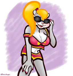 anthro breasts cleavage clothed clothing colored_nails eyewear female nails navel pink_clothing solo sunglasses missnatzooie conker's_bad_fur_day rareware berri chipmunk ground_squirrel mammal rodent sciurid hi_res