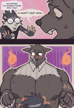 5_fingers anthro arm_scar belly big_muscles big_nipples big_pecs black_body black_clothing black_fur blush bodily_fluids bone clothed clothing dialogue duo embarrassed_expression exclamation_point eyewear fingers fur glasses huge_pecs larger_male male male/male musclegut muscular muscular_anthro muscular_male nipples orange_eyes pecs phasing phasing_through_another purple_eyes question_mark round_glasses scar sigh size_difference skull smaller_male speech_bubble sweat text topwear torn_clothing torn_topwear white_body white_fur king_slabu adrian_(king_slabu) nolan_(king_slabu) american_opossum canid canine canis domestic_dog mammal marsupial spirit virginia_opossum absurd_res comic english_text hi_res