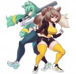 accessory ahoge baseball_bat bat_(object) biped bottomwear breasts brown_hair clothed clothing dipstick_tail duo female fighting_pose fingerless_gloves fist footwear fully_clothed gloves green_eyes green_hair green_tail hair hair_accessory hair_tie handwear holding_bat hotpants leggings legwear markings midriff on_one_leg pigtails pose red_eyes shoes shorts side_view sneakers solo standing tail tail_markings thigh_highs tight_bottomwear tight_clothing yellow_clothing yellow_legwear noblood animal_humanoid humanoid digital_media_(artwork) full-length_portrait hi_res portrait