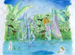 anthro bathing breasts cloud colored_pencil_(artwork) countershading day dragon duo fafnirkristensen female flaccid genitals green_body green_countershading green_membrane hand_on_chin male membrane_(anatomy) membranous_wings mythological_creature mythological_scalie mythology nipples non-mammal_breasts non-mammal_nipples outside partially_submerged penis pink_body pink_countershading pink_membrane pink_penis pond pussy scalie sky standing tail towel traditional_media_(artwork) translucent translucent_wings water wings