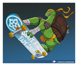 3_fingers accessory anthro belt bottomwear briefs bulge clothed clothing elbow_pads feet fingers foot_wraps hand_wraps headband holding_object knee_pads looking_at_viewer male midair muscular muscular_anthro muscular_male pose shell skateboard skateboarding smile smiling_at_viewer solo underwear utility_belt vehicle wraps clamcrusher teenage_mutant_ninja_turtles michelangelo_(tmnt) reptile scalie turtle