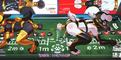 4_fingers 4_toes adolescent all_fours anthro armwear ball_gag ball_stretcher ball_stretching balls bdsm black_balls black_body bodily_fluids butt chastity_belt chastity_cage chastity_device claws clothing cock_and_ball_torture collar competition cum_while_chaste drooling duo ejaculation elbow_gloves erection feet fingerless_gloves fingers furniture gag genital_torture genitals gimp_mask glans gloves handwear harness humanoid_genitalia humanoid_penis kemono legwear livestream male male/male mask on_table penis pink_glans retracted_balls saliva screen sexual_competition shaking slave slim stirrup_legwear stirrup_stockings stockings table tears text toe_claws toes white_balls white_body young young_anthro young_male alanisawolf777 canid canine canis domestic_dog mammal absurd_res chinese_text hi_res partially_translated translation_request