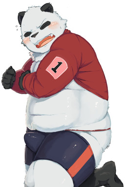 anthro belly blush bottomwear bulge butt clothed clothing eyes_closed humanoid_hands male navel overweight overweight_anthro overweight_male shirt shorts simple_background solo topwear underwear white_background gattatta bear giant_panda mammal 2015