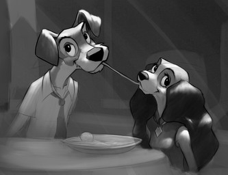 accessory anthro anthrofied chair clothed clothing duo female food fur furniture hair male necktie pasta plate shirt sitting smile spaghetti table topwear wulfruna disney lady_and_the_tramp lady_(lady_and_the_tramp) tramp_(lady_and_the_tramp) bird_dog canid canine canis cocker_spaniel domestic_dog hunting_dog mammal schnauzer spaniel digital_media_(artwork) hi_res monochrome
