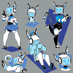 :3 asian_clothing chibi clothed clothing crossdressing east_asian_clothing grey_background japanese_clothing japanese_school_uniform legwear machine male multiple_poses one_eye_closed oversized_clothing pose school_uniform screen screen_face serafuku simple_background sitting solo speech_bubble sweater tail thigh_highs topwear uniform wink baronflint camelot_(baronflint) animal_humanoid cat_humanoid felid felid_humanoid feline feline_humanoid humanoid mammal mammal_humanoid robot robot_humanoid 1:1