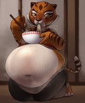 4_fingers anthro belly big_belly black_stripes bloated bodily_fluids bowl chopsticks container countershading deep_navel eating eating_food female fingers food fur huge_belly kneeling navel noodles orange_body orange_fur overweight overweight_anthro overweight_female paws solo striped_body striped_fur stripes sweat sweaty_belly thick_thighs chipchell dreamworks kung_fu_panda master_tigress felid mammal pantherine tiger 2025 hi_res