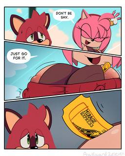 ambiguous_gender anthro areola areola_slip big_breasts breasts cake close-up clothing dessert dialogue duo erect_nipples female food green_eyes huge_breasts hyper hyper_breasts inside nipple_outline nipples pink_body red_body speech_bubble ticket awkward2eleven sega sonic_the_hedgehog_(series) amy_rose eulipotyphlan hedgehog macropod mammal marsupial quokka absurd_res comic hi_res