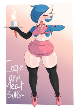 armwear beverage biped blue_body blue_hair blush blush_lines breasts clothed clothing clothing_lift coffee coffee_mug exposed_breasts female footwear hair hair_over_eye holding_object leggings legwear long_tongue looking_at_viewer nipple_piercing nipples not_furry one_eye_closed one_eye_obstructed piercing pink_clothing pink_shirt pink_topwear serving serving_beverage shirt solo standing stockings teeth text thigh_highs tongue tongue_out tongue_piercing topwear waiter white_body yellow_eyes saltyxodium nintendo pokemon gardevoir generation_3_pokemon pokemon_(species) 2021 absurd_res english_text hi_res