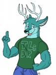 5_fingers anthro antlers black_nose blue_eyes bottomwear clothed clothing fingers front_view fully_clothed fur gesture green_body green_clothing green_fur green_shirt green_topwear hand_gesture hand_on_hip horn looking_at_viewer male muscular muscular_anthro muscular_male open_mouth open_smile raised_finger raised_index_finger shirt shorts simple_background smile solo t-shirt tl;dr topwear white_background artbyyellowdog tl;dr_(character) deer mammal digital_media_(artwork) half-length_portrait portrait