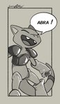 abra anthro big_mouth_(anatomy) black_and_white carapace comic comic_book comic_panel eyes_closed generation_1_pokemon monochrome nintendo open_mouth open_smile pokemon pokemon_(species) pokemon_speak sketch smile softailfox solo speech_bubble text toony unfinished