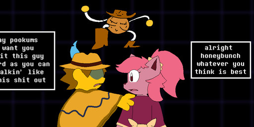 anthro black_background boots brown_hair clothing coin cowboy_boots cowboy_hat dialogue dialogue_box facial_hair feathers female footwear fur group hair hat headgear headwear kemono male mustache pennilton pink_body pink_fur pink_hair poncho ponytail profanity shoes simple_background snout text trio yellow_body yellow_skin anonymous_artist unknown_artist deltarune deltarune_yellow undertale undertale_(series) undertale_yellow cole_(deltarune_yellow) kanako_ketsukane canid canine darkner fox human mammal english_text