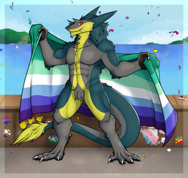 anthro asexual_pride_colors bisexual_pride_colors contiguous_snout fangs flag fur green_body green_fur grey_body grey_fur happy lesbian_pride_colors lgbt_pride male muscular muscular_male nonbinary_pride_colors orange_lesbian_pride_colors pansexual_pride_colors pawpads paws pride_colors rainbow_pride_colors smile solo tail tail_tuft teeth transgender_pride_colors tuft vincian_pride_colors yellow_body yellow_fur fillinek lgbt_pride_month brom_(sahurus) sergal absurd_res hi_res