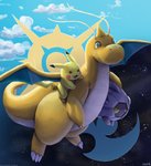 ambiguous_gender butt-berry carrying_another cloud dragonite flying generation_1_pokemon generation_3_pokemon group hi_res membrane_(anatomy) membranous_wings nintendo on_shoulder pikachu pokemon pokemon_(species) shelgon signature sky star starry_sky text underarm_carry url wings