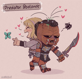 3_toes 4_fingers annoyed blonde_hair chibi duo eyes_closed feet female fingers hair happy heart_symbol light_body light_skin machine male male/female mandibles melee_weapon open_mouth shadow simple_background smile sword teeth toes weapon norithelord predator:_badlands predator_(franchise) dek_(predator) thia_(predator) alien android arthropod butterfly humanoid insect lepidopteran replicant robot robot_humanoid yautja hi_res