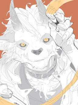 2_horns 5_fingers amber_eyes anthro black_sclera brush buckled_collar claws clothed clothed_anthro clothed_male clothing exposed_teeth finger_claws fingers flesh_fang hair head_horn holding_brush holding_object holding_paint_palette holding_palette horn inner_ear_fluff jacket looking_at_viewer male orange_background overbite paint paint_palette pawpads shirt simple_background solo topwear tuft yellow_paint chiayeeee canid canine canis mammal wolf 2024 absurd_res bust_portrait digital_drawing_(artwork) digital_media_(artwork) hi_res portrait