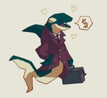 $ 2013 anthro business_suit cetacean clothing digital_drawing_(artwork) digital_media_(artwork) dolphin eyes_closed grey_background happy heart_symbol holding_object male mammal marine necktie oceanic_dolphin open_mouth orca retros shadow simple_background smile solo speech_bubble suit suitcase teeth tongue toothed_whale