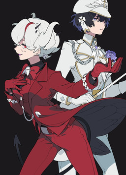 accessory belt black_hair bottomwear chain clothing duo feathered_wings feathers female flower freckles gloves hair hair_accessory hair_ribbon handwear holding_object horn lips looking_at_viewer not_furry pants plant purple_eyes purple_lips red_eyes ribbons rose_(flower) short_hair simple_background spade_tail spikes standing suit tail white_body white_hair white_horn white_skin wings marucoism helltaker beelzebub_(helltaker) saint_michael_(helltaker) angel angel_humanoid arthropod demon demon_humanoid fly_(animal) humanoid insect hi_res