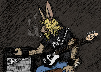 anthro bass_guitar black_clothing black_shirt black_topwear blonde_hair bottomwear cigarette clothing curly_hair denim denim_bottomwear denim_clothing fur guitar hair hair_over_eyes jeans male musical_instrument pants plucked_string_instrument shirt simple_background sitting smoking solo string_instrument tan_body tan_fur topwear makaronnie robert_carter cottontail_rabbit lagomorph leporid mammal rabbit hi_res