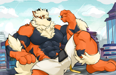 abs anthro barazoku biceps big_muscles big_pecs body_hair bottomwear bulge chest_hair city clothed clothing fur hair happy_trail heterochromia huge_muscles macro male muscular muscular_anthro muscular_male orange_body orange_fur outside pecs shorts shorts_only solo tablet topless oinu_kori nintendo pokemon kori_(oinu_kori) arcanine canid canine generation_1_pokemon mammal pokemon_(species) 14:9 digital_media_(artwork)