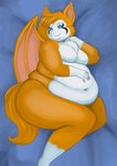 anthro bat_wings belly_rolls blue_eyes breasts double_chin eye_markings featureless_breasts female fur hand_on_belly hand_on_neck lying markings membrane_(anatomy) membranous_wings navel obese obese_female on_side orange_body orange_fur overweight overweight_female smile solo tail white_body white_fur wings maikeru dust:_an_elysian_tail windchaser_(rnixon) bat mammal nimbat