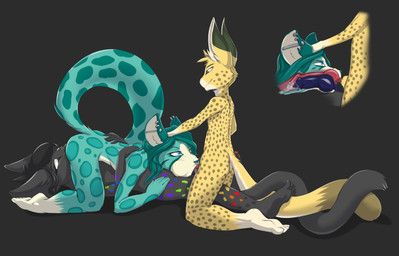 169_position 69_position animal_genitalia animal_penis anthro anthro_on_anthro anthro_penetrated anthro_penetrating anthro_penetrating_anthro blue_penis bodily_fluids butt canine_genitalia canine_penis cum double_fellatio double_knotting double_oral double_penetration erection fellatio female female_penetrated genital_fluids genitals group group_sex internal internal_oral knot knotting male male/female male_penetrating male_penetrating_female nude oral oral_knotting oral_penetration penetration penile penis sex simple_background smile spots threesome trio ratcha jazzy_(ratcha) kitsuyo_(character) canid canine felid feline leopard mammal pantherine serval snow_leopard 2016 absurd_res digital_media_(artwork) hi_res