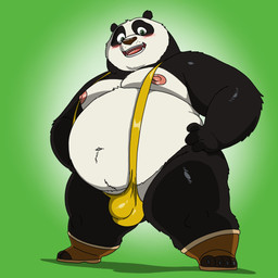 anthro banana_hammock belly big_belly blush bulge clothing green_background male moobs nipples overweight overweight_male simple_background solo underwear bobbellyboy dreamworks kung_fu_panda master_po_ping bear giant_panda mammal 1:1 2025 hi_res