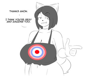 anthro big_breasts breasts cleavage clothed clothed_anthro clothed_female clothing collarbone compliment dialogue eye_through_hair eyebrow_through_hair eyebrows female front_view gesture grin hair hand_gesture huge_breasts looking_aside midriff navel pointing smile solo tail text translucent translucent_hair theycallhimcake maggie_applebee canid canine canis domestic_dog mammal 2016 digital_drawing_(artwork) digital_media_(artwork) english_description english_text half-length_portrait hi_res portrait restricted_palette sketch