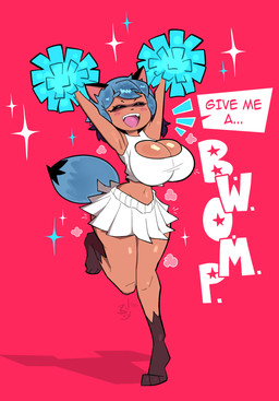 3_toes anthro barefoot big_breasts biped black_tail_tip blue_hair blue_tail blush bottomwear breasts cheerleader cheerleading_pose cleavage cleavage_cutout clothed clothing cutout dipstick_tail emanata eyes_closed feet female hair knock-kneed markings midriff miniskirt monotone_background on_one_leg plantigrade pom_poms raised_arm red_background simple_background skirt smile solo sparkles standing tail tail_markings text toes topwear white_bottomwear white_clothing white_skirt white_topwear buxy brand_new_animal studio_trigger michiru_kagemori canid canine mammal raccoon_dog tanuki 2025 english_text hi_res signature