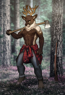 anthro axe bottomwear clothed clothing fist grass gun hooves male melee_weapon muscular muscular_anthro muscular_male outside pants pattern_clothing plaid plaid_clothing plant ranged_weapon solo topless tree unguligrade weapon pgm300 arthur_buck deer mammal 2022 absurd_res digital_media_(artwork) hi_res shaded