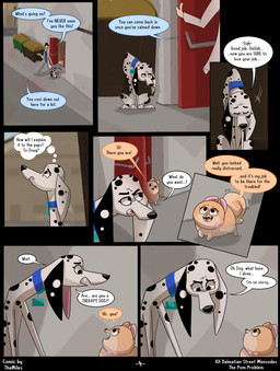 black_spots dialogue duo female feral floppy_ears fur heterochromatic_ears male pink_inner_ear pink_ribbon speech_bubble spots tan_body tan_fur text white_body white_fur themiles 101_dalmatian_street 101_dalmatians disney delilah_(101_dalmatians) dr._dave_(101_dalmatian_street) poppy_(101_dalmatians) canid canine canis dalmatian domestic_dog human mammal pomeranian spitz comic english_text