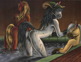 anthro bath black_hair blonde_hair blue_eyes breasts butt casual_nudity female genitals group group_nudity hair jewelry looking_at_viewer mostly_nude_female nipples nude nude_female outside red_body red_skin side_boob sitting smile social_nudity standing swimming_pool tail teeth tongue vulva water white_body white_hair white_skin yellow_body yellow_skin stasis_delirium equid equine horse mammal hi_res