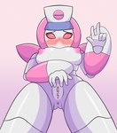 5_fingers anus bodily_fluids breasts clitoris exposed_breasts female fingers fur genital_fluids genitals looking_at_viewer looking_down low-angle_view machine nipples not_furry nude pink_background pink_body pink_eyes pussy simple_background solo vaginal_fluids white_body white_fur jseph medabots neutranurse humanoid robot robot_humanoid hi_res