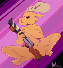 anthro antlers barefoot breasts butt covering covering_crotch feet female fur gun horn looking_at_viewer nipples nude ranged_weapon shotgun simple_background smile solo weapon wolfbaloo friends_vs_friends moose_salto deer mammal moose new_world_deer digital_media_(artwork) hi_res
