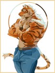 anthro brown_body brown_fur bulge clothed clothing countershading detailed_bulge eyes_closed frown fur genital_outline jewelry male necklace orange_body orange_fur pecs penis_outline serious_face simple_background solo standing striped_body striped_fur stripes topless white_background white_body white_fur hydaus nekojishi studio_klondike lin_hu felid mammal pantherine tiger absurd_res hi_res