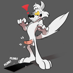 4_fingers anthro balls bodily_fluids censor_bar erection exclamation_point fingers fur genitals humanoid_genitalia humanoid_penis male nude onomatopoeia penis physical_censor_bar shocked solo sound_effects sweat sweatdrop tail text toony white_body white_fur yellow_sclera yellowluster buckguard_(woofbad) canid canine canis mammal wolf 1:1 2025 digital_media_(artwork) english_text hi_res