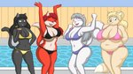 anthro belly_overhang beverage bikini breasts cleavage clothed clothing female group hair swimming_pool swimwear two-piece_swimsuit lordstormcaller beth_(lordstormcaller) britney_(lordstormcaller) haley_(lordstormcaller) valerie_(lordstormcaller) canid canine canis coyote domestic_cat felid feline felis fox mammal rodent sciurid 16:9 hi_res widescreen