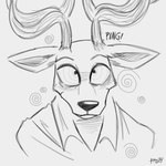 anthro antlers clothing cross-eyed deer_ears horn hypnosis male mind_control ringed_eyes shirt simple_background smile solo spiral topwear boxidle beastars louis_(beastars) cervine deer mammal red_deer 1:1 black_and_white hi_res monochrome sketch