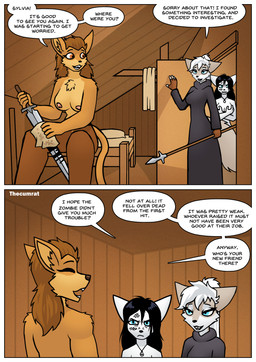 angry anthro bed black_hair blue_eyes border bottomwear breasts brown_clothing bruised chest_tuft cleaning clothed clothing covering covering_breasts covering_self dark_clothing detailed_background dialogue embarrassed fantasy female fluffy forced forced_exposure fur furniture gloves grey_body grey_fur group hair handwear holding_melee_weapon holding_object holding_sword holding_weapon inside jewelry long_hair looking_at_another looking_back melee_weapon mostly_nude mostly_nude_anthro mostly_nude_female necklace pants pants_only partially_clothed polearm robe smile spear speech_bubble surprised sword tail text topless topless_anthro topless_female trio tuft weapon white_body white_border white_fur white_hair thecumrat koshra sylvia_(thecumrat) tasmin canid canine felid feline fox mammal absurd_res comic english_text hi_res story