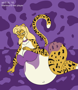 anthro bedroom_eyes belly big_belly big_breasts blonde_hair breasts clothed clothing copyright_symbol female fur hair hand_on_breast huge_belly huge_breasts hyper hyper_belly hyper_pregnancy lingerie markings narrowed_eyes navel outie_navel pregnant pregnant_anthro pregnant_female seductive solo spots spotted_body spotted_fur symbol thick_thighs satsumalord marissa_(marissa) felid hybrid leopard mammal pantherine tiger 2010 digital_media_(artwork)