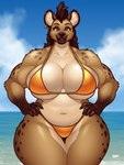 anthro big_breasts bikini biped breasts clothed clothing ear_piercing ear_ring female fingers front_view hair hands_on_hips huge_breasts looking_at_viewer muscular muscular_female navel outside piercing pupils ring_piercing slightly_chubby slightly_chubby_female smile solo swimwear thick_thighs two-piece_swimsuit water wide_hips blazbaros hyena mammal spotted_hyena 2025 3:4 digital_media_(artwork) hi_res