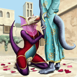 anthro anthro_on_anthro anthro_penetrated anthro_penetrating anthro_penetrating_anthro balls belt bodily_fluids bodysuit building circlet claws clothing crotchless_clothing cum cum_drip cum_on_face day dominant dominant_male dripping duo easy_access feet fellatio genital_fluids genitals gold_(metal) gold_jewelry grey_body grey_scales hands_on_hips hands_on_legs harem_outfit jewelry kneeling kneeling_oral_position looking_at_another looking_at_partner male male/male male_penetrated male_penetrating male_penetrating_male master oral orange_eyes outside penetration penile penis petals plantigrade raised_tail robe scales sex skinsuit slave standing submissive submissive_male tail tan_body tan_scales tight_clothing tiptoes toe_claws toes window mitokep hizridir_(mitokep) lizard reptile scalie 1:1 2016 hi_res