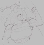 2_horns anthro biceps breasts cleavage clothed clothed_anthro clothed_female clothing female female_anthro fingers fist flexing flexing_bicep front_view grey_background hair horn muscular muscular_anthro muscular_female narrowed_eyes simple_background solo topwear themercart bovid bovine mammal 2024 digital_drawing_(artwork) digital_media_(artwork) greyscale half-length_portrait hi_res monochrome portrait sketch