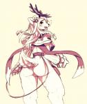 accessory anthro antler_bow antlers blush bodily_fluids bottomless bow_ribbon breasts butt clothed clothing female flower flying_sweatdrops furgonomics horn horn_accessory horn_ribbon looking_back open_mouth plant rear_view ribbons solo sweat sweatdrop yoona deer mammal