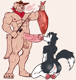 abs anthro areola athletic athletic_anthro athletic_male athletic_sub biceps big_butt big_penis butt deltoids dominant dominant_male duo facial_tuft femboy fish_accessory fisherman fishing forearm_muscles genitals huge_penis male male/male muscular muscular_anthro muscular_dom muscular_male nipple_dip oral pecs penis quads stocky submissive submissive_male triceps tuft angelofthecode dancollie rodeo_retriever border_collie canid canine canis collie domestic_dog herding_dog mammal pastoral_dog red_snapper sheepdog hi_res