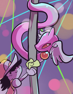 dancing duo feathered_wings feathers female feral head_wings money pole pole_dancing strip_club stripper stripper_pole tipping unusual_wing_placement wings snappygrey nintendo pokemon dragonair generation_1_pokemon human mammal pokemon_(species) shiny_pokemon
