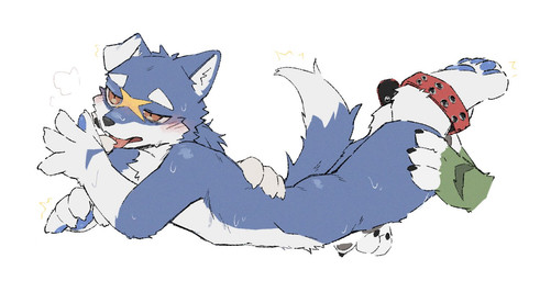 5_fingers anthro blue_body blue_pawpads blush bodily_fluids breath collar collar_on_feet disembodied_hand fingers half-closed_eyes hand_on_back hand_on_crotch hand_on_legs kemono lying male narrowed_eyes on_front panting pawpads red_eyes side_view solo sweat tongue tongue_out white_body tobenaibuka canid canine canis mammal wolf