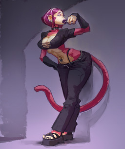5_fingers 5_toes alternative_fashion anthro arm_warmers armwear blue_eyes bob_cut bottomwear breasts candy choker cleavage clothed clothing colored_nails crop_top dessert ear_piercing ear_ring eyeshadow feet female fingers food food_in_mouth footwear fur goth hair hand_on_hip jewelry leaning leaning_forward lips lollipop lollipop_in_mouth makeup medium_breasts midriff nails navel navel_piercing necklace pants piercing platform_footwear platform_sandals purple_body purple_fur purple_hair purple_lips purple_nails ring_piercing sandals shirt shoes simple_background solo tail thick_lips thong thong_straps toes topwear underwear hemisnotamojito magdalene_(redustheriotact) haplorhine mammal monkey primate 2026 hi_res