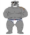 anthro barefoot briefs bulge clothed clothing feet holding_belly holding_stomach male navel nipples one_eye_closed open_mouth simple_background solo teeth text tighty_whities topless underwear white_background white_briefs white_clothing white_underwear shiba-kenta tommy_hilfiger daigo_kumano bear mammal