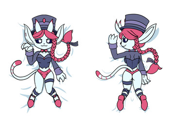 anthro black_sclera braided_hair breasts clothed clothing dakimakura female footwear front_view hair hat headgear headwear jacket long_ears looking_at_viewer looking_back medium_breasts panties rear_view red_hair shoes simple_background smile socks solo tail topwear underwear white_background white_body white_eyes bruhmynameisdylan nsfwinthedark tano-chan 2025 dakimakura_design digital_media_(artwork) hi_res