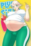 belly belly_peeking_out big_belly big_breasts blonde_hair blue_eyes bottomwear breasts camel_toe clothed clothing dotted_background ear_twitch ear_wag eating eating_food eyelashes female food food_in_mouth fries green_bottomwear green_clothing green_pants hair hair_bun holding_food holding_fries holding_object humanoid_pointy_ears light_body light_skin looking_at_own_belly low-angle_view navel pants pattern_background pointy_ears pregnant pregnant_humanoid shirt simple_background solo t-shirt text thong_straps topwear vein veiny_belly white_clothing white_shirt white_topwear kristiadder plus-sized_elf elfuda_(plus-sized_elf) elf humanoid mammal 2022 absurd_res copyright_name english_text hi_res portrait three-quarter_portrait